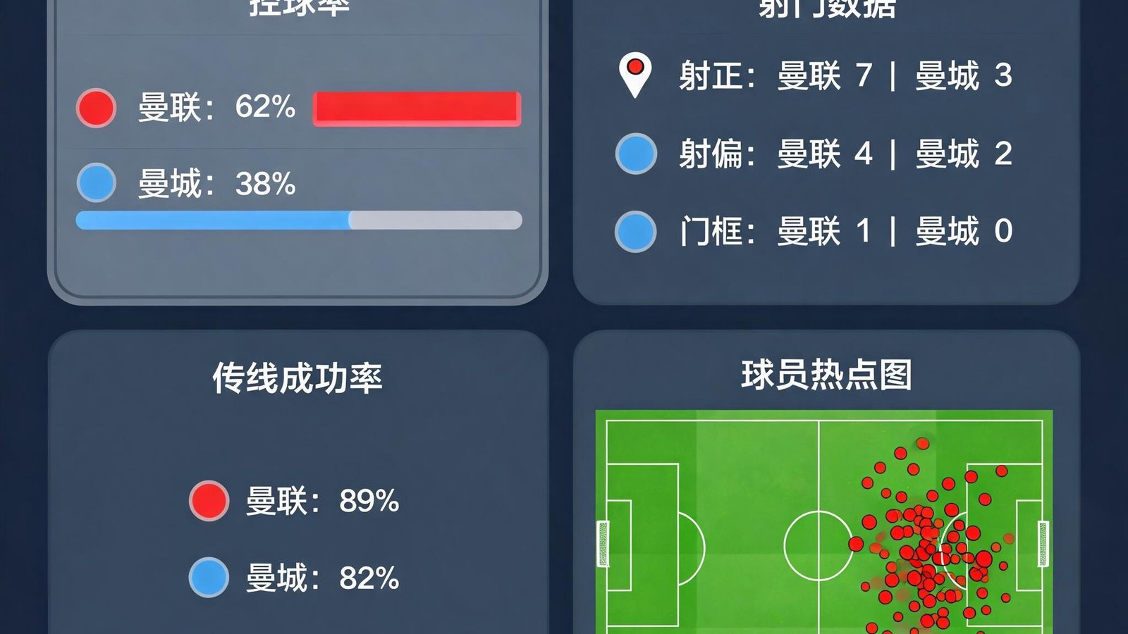 爱游戏数据面板界面展示一场足球比赛的实时数据，包含控球率、射门次数、传球成功率和球员热点图