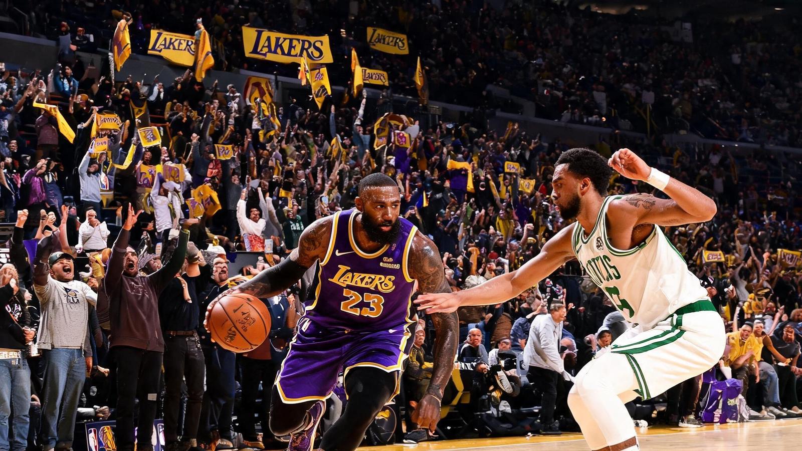 NBA季后赛湖人队与凯尔特人队比赛中，勒布朗·詹姆斯持球突破，斯台普斯中心观众情绪高涨